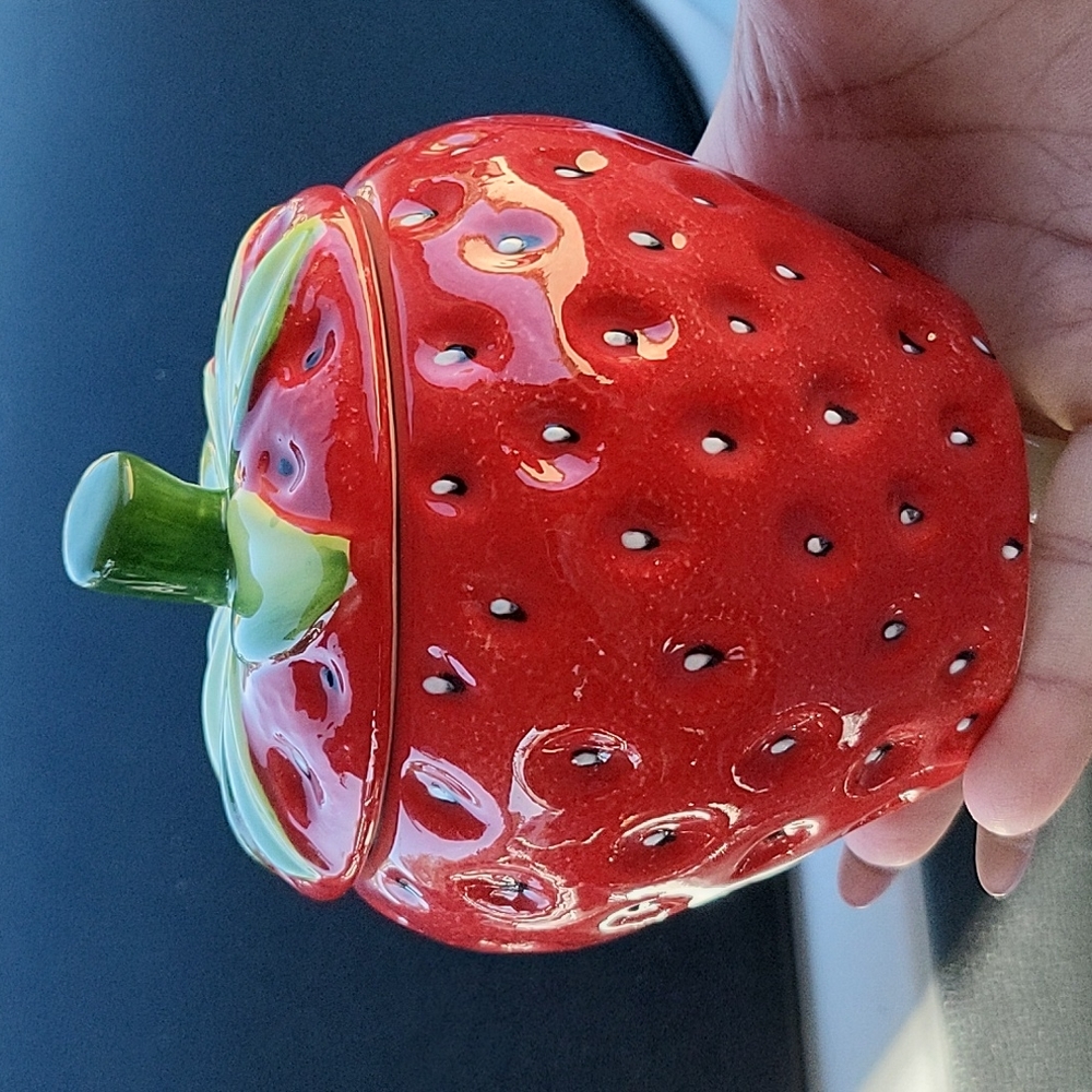 Rare Pier 1 One Imports Strawberry Jam Jar Canister Seeds And Leaf Top 4.5 inche